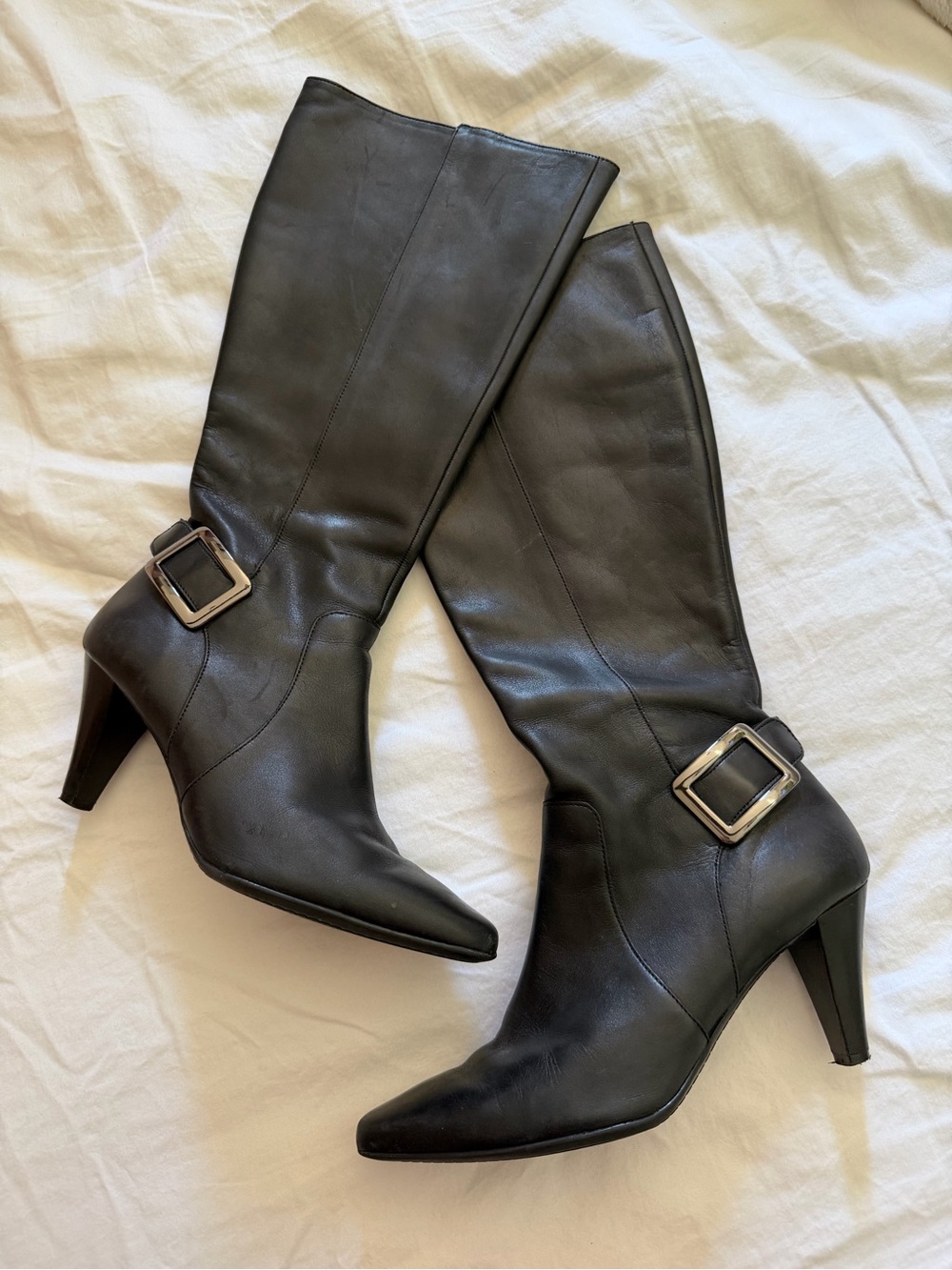ANTONIO MELANI Black Leather Mid-Calf Heeled Boots with Buckle